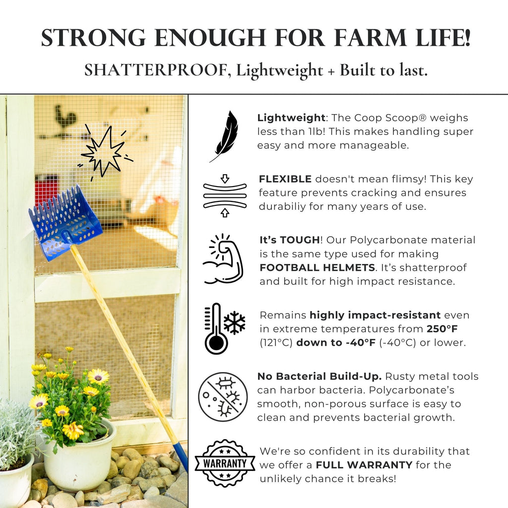 The Coop Scoop® | 2-in-1 Chicken Poop Scoop & Rake | Sand Sifting Shovel For Shelf & Floor Cleaning