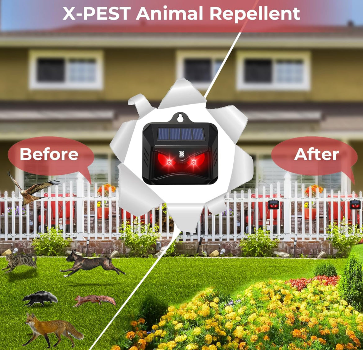 Solar Powered Nocturnal Animal Repeller, Predator Control Light Animal Repellent Device, Red Led Light Outdoor Deterrent Coyote Raccoon Deer Fox Skunk Squirrel for Garden Yard Farm Chicken Coop (4)