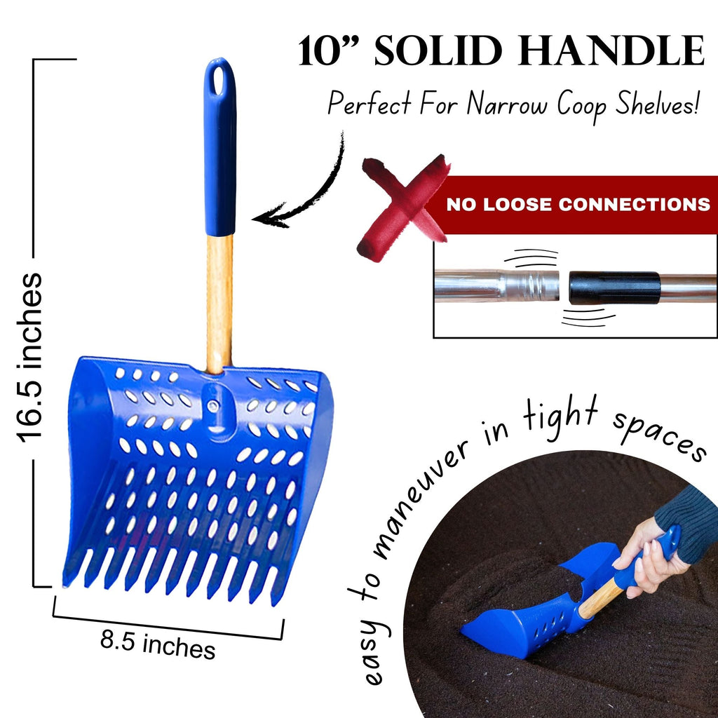 The Coop Scoop® Shelf | 2-in-1 Chicken Poop Scoop & Rake | 10" Handle Large Hand Shovel For Chicken Coop Shelves