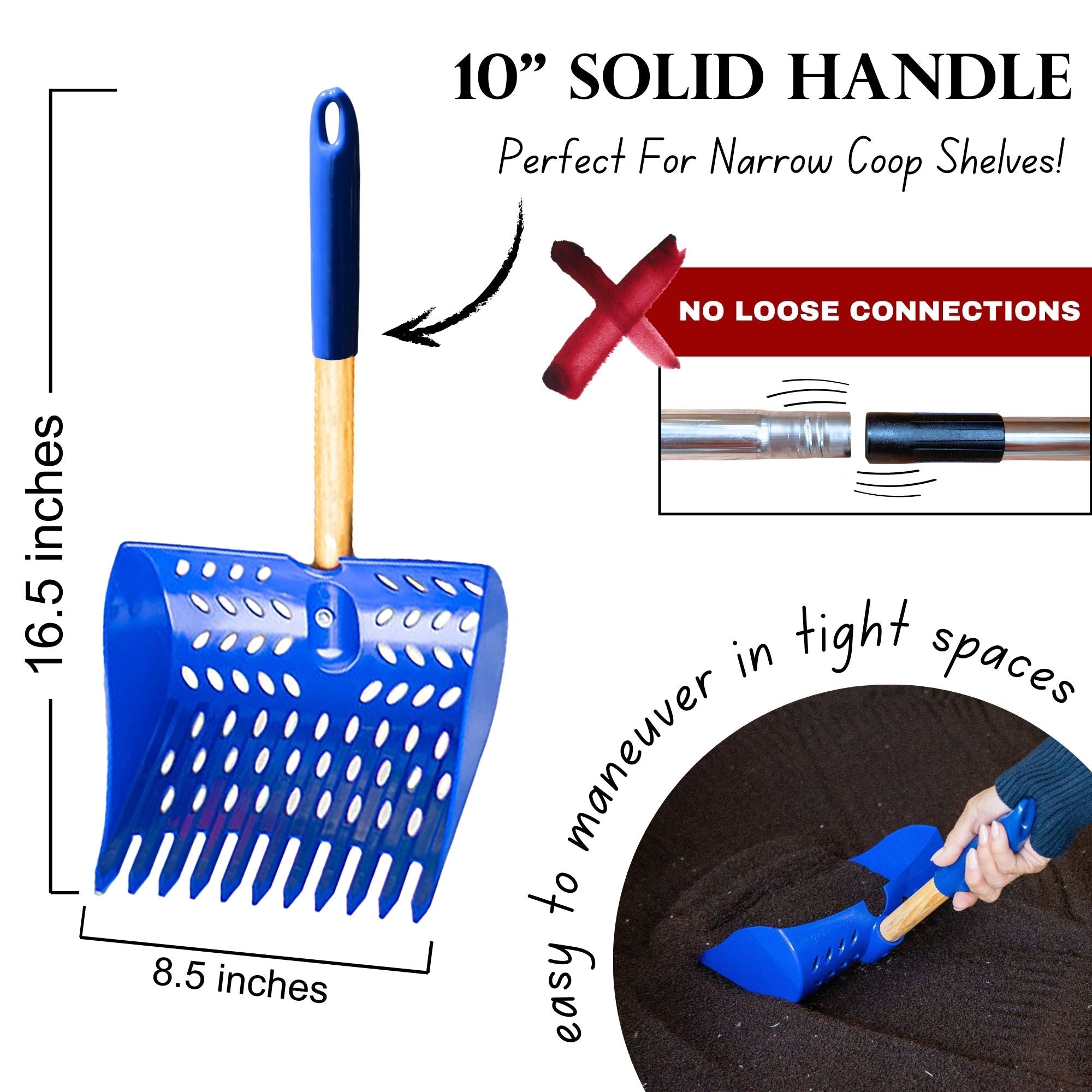 The Coop Scoop® Shelf | 2-in-1 Chicken Poop Scoop & Rake | 10" Handle Large Hand Shovel For Chicken Coop Shelves